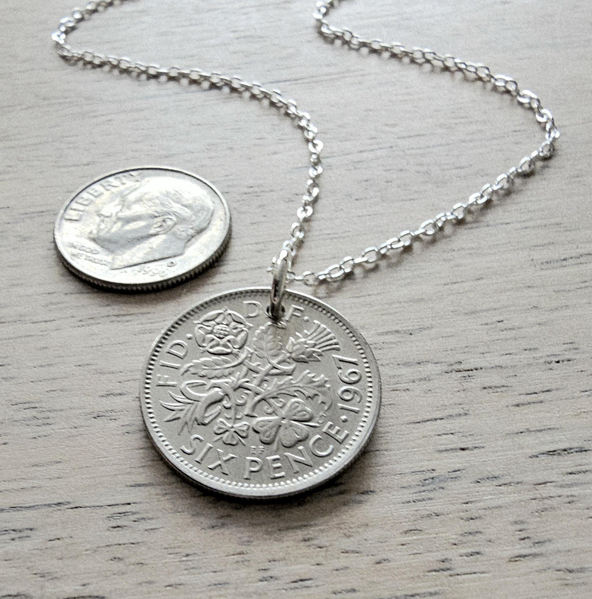 1967 British Six Pence Vintage Coin Necklace, Leek, Rose, Thistle, Shamrock, .925 Sterling Cable Chain, Made in USA, E. Ria Designs