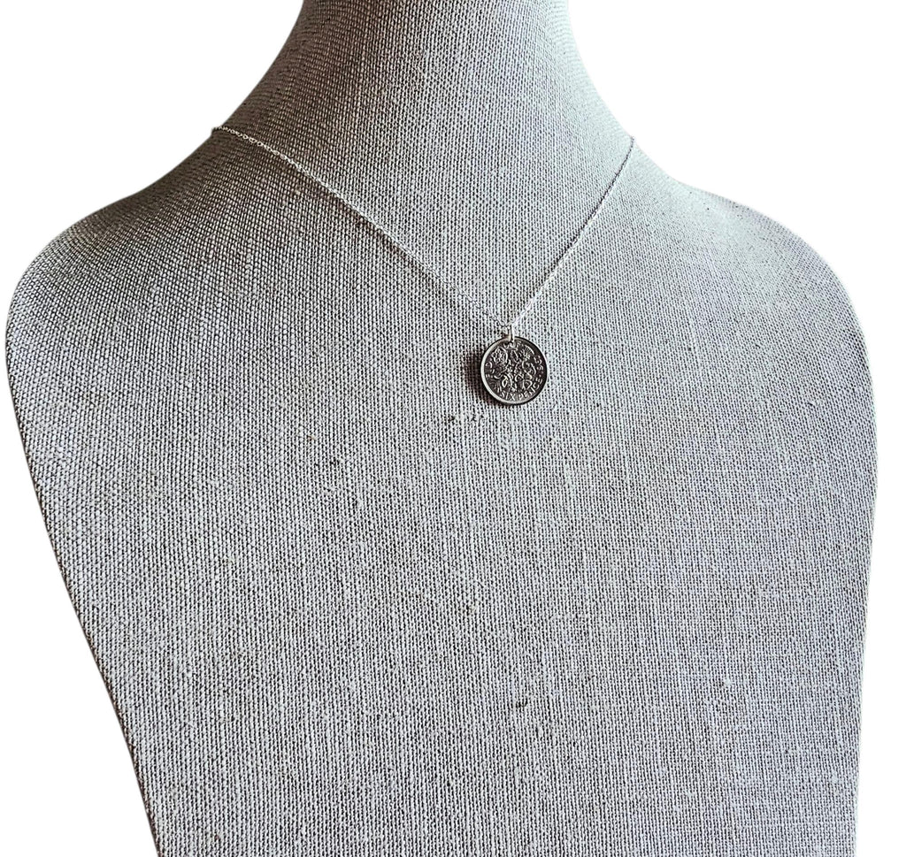 1967 British Six Pence Vintage Coin Necklace, Leek, Rose, Thistle, Shamrock, .925 Sterling Cable Chain, Made in USA, E. Ria Designs