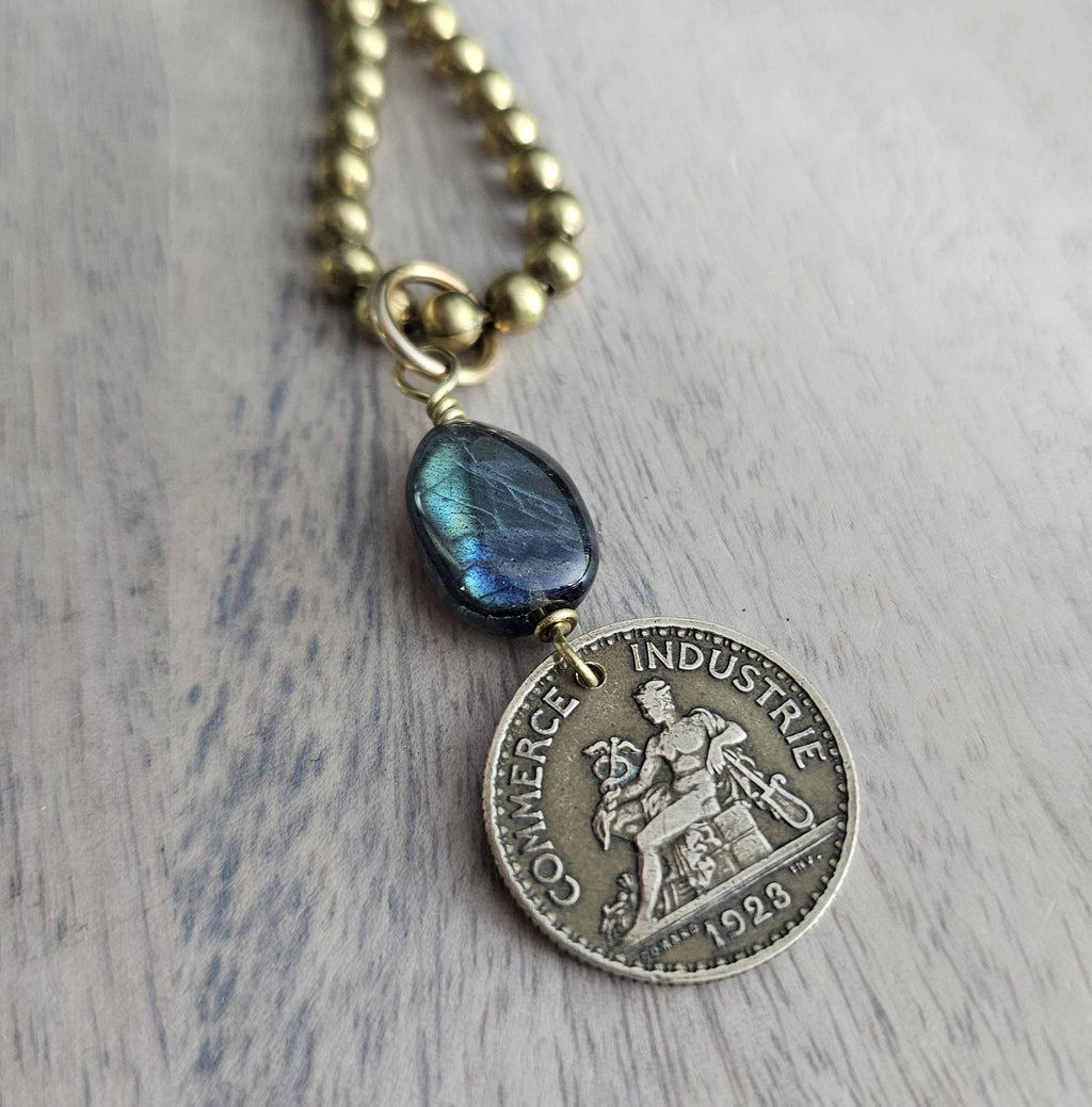 Genuine 1923 French 1 Franc Coin Necklace, Blue Labradorite Gemstone Bead, Brass Ball Chain, E. Ria Designs, Made in USA, Gift Boxed