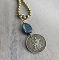 Genuine 1923 French 1 Franc Coin Necklace, Blue Labradorite Gemstone Bead, Brass Ball Chain, E. Ria Designs, Made in USA, Gift Boxed
