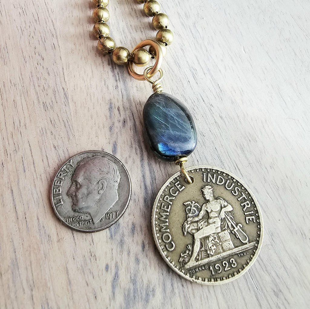 Genuine 1923 French 1 Franc Coin Necklace, Blue Labradorite Gemstone Bead, Brass Ball Chain, E. Ria Designs, Made in USA, Gift Boxed