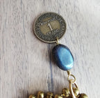 Genuine 1923 French 1 Franc Coin Necklace, Blue Labradorite Gemstone Bead, Brass Ball Chain, E. Ria Designs, Made in USA, Gift Boxed
