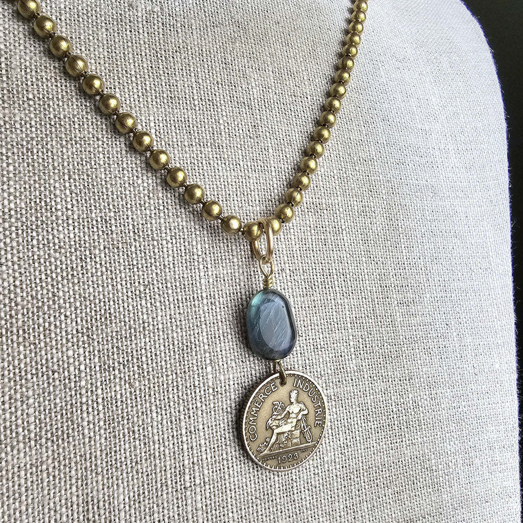 Genuine 1923 French 1 Franc Coin Necklace, Blue Labradorite Gemstone Bead, Brass Ball Chain, E. Ria Designs, Made in USA, Gift Boxed
