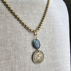 Genuine 1923 French 1 Franc Coin Necklace, Blue Labradorite Gemstone Bead, Brass Ball Chain, E. Ria Designs, Made in USA, Gift Boxed