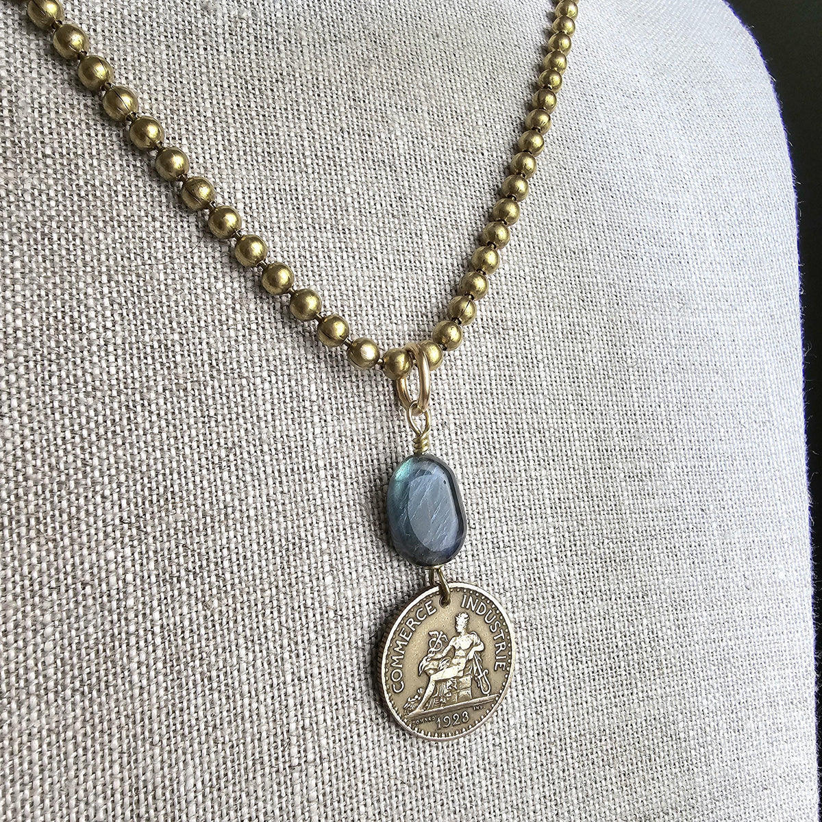 Genuine 1923 French 1 Franc Coin Necklace, Blue Labradorite Gemstone Bead, Brass Ball Chain, E. Ria Designs, Made in USA, Gift Boxed