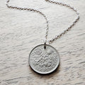 1967 British Six Pence Vintage Coin Necklace, Leek, Rose, Thistle, Shamrock, .925 Sterling Cable Chain, Made in USA, E. Ria Designs
