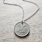 1967 British Six Pence Vintage Coin Necklace, Leek, Rose, Thistle, Shamrock, .925 Sterling Cable Chain, Made in USA, E. Ria Designs