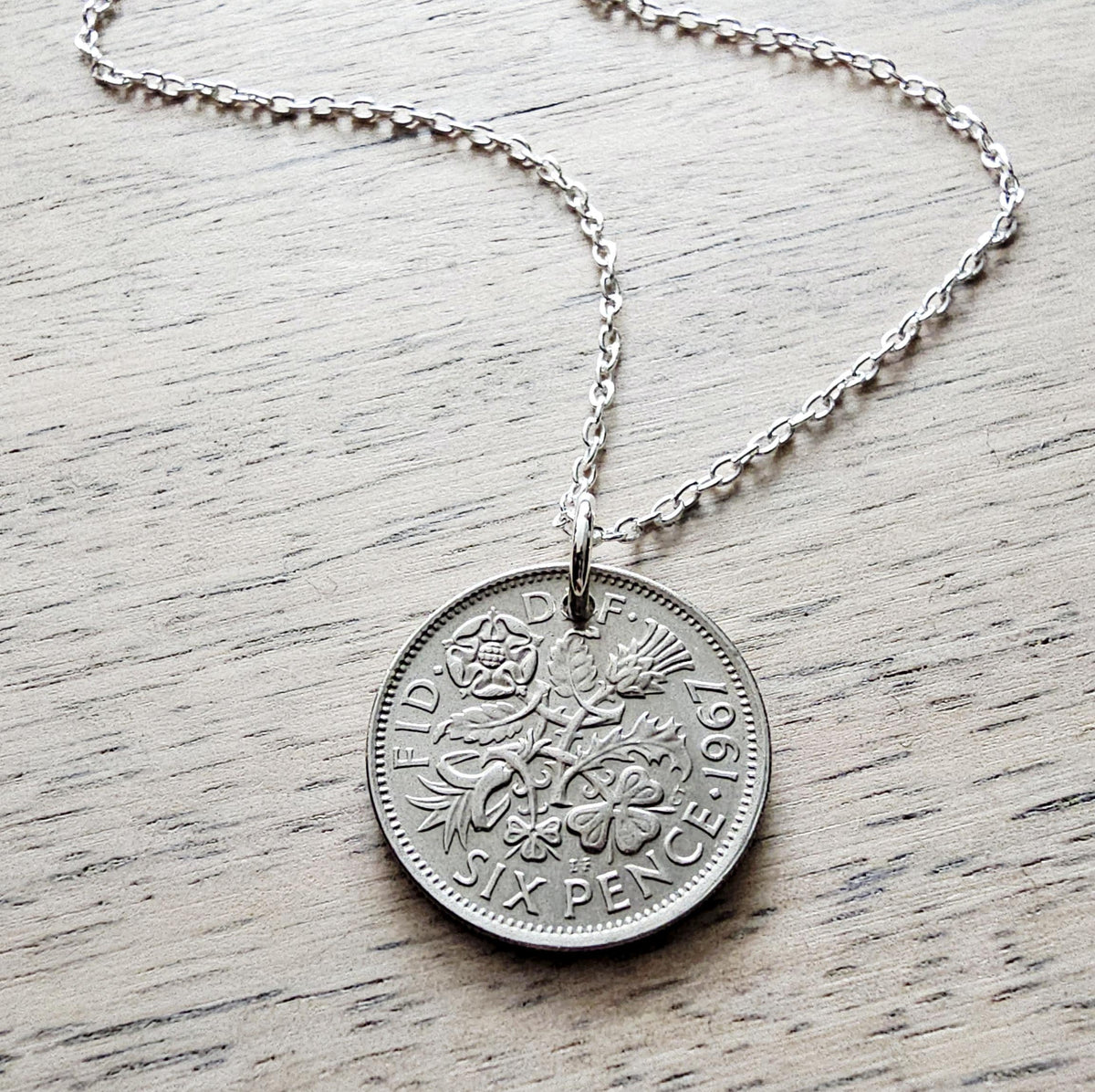1967 British Six Pence Vintage Coin Necklace, Leek, Rose, Thistle, Shamrock, .925 Sterling Cable Chain, Made in USA, E. Ria Designs