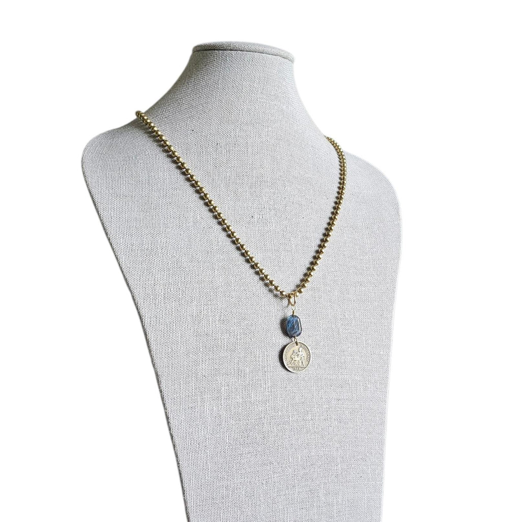 Genuine 1923 French 1 Franc Coin Necklace, Blue Labradorite Gemstone Bead, Brass Ball Chain, E. Ria Designs, Made in USA, Gift Boxed