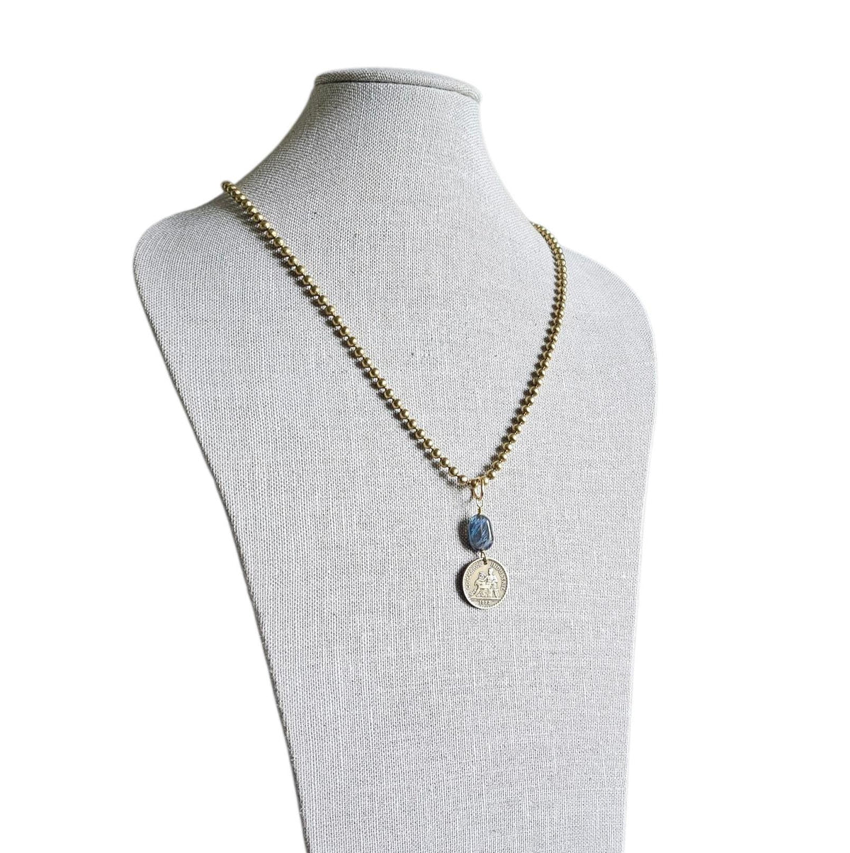 Genuine 1923 French 1 Franc Coin Necklace, Blue Labradorite Gemstone Bead, Brass Ball Chain, E. Ria Designs, Made in USA, Gift Boxed