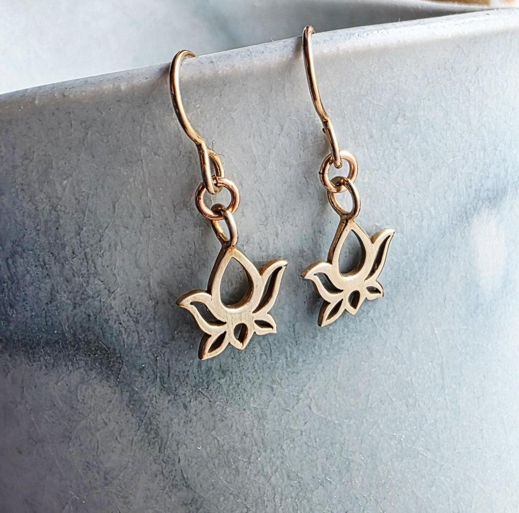 Solid Gold Bronze Lotus Earrings, Gift Boxed, Flower Girl Yoga Gift, Floral Jewelry Handmade in USA, E. Ria Designs, Simple Everyday Jewelry