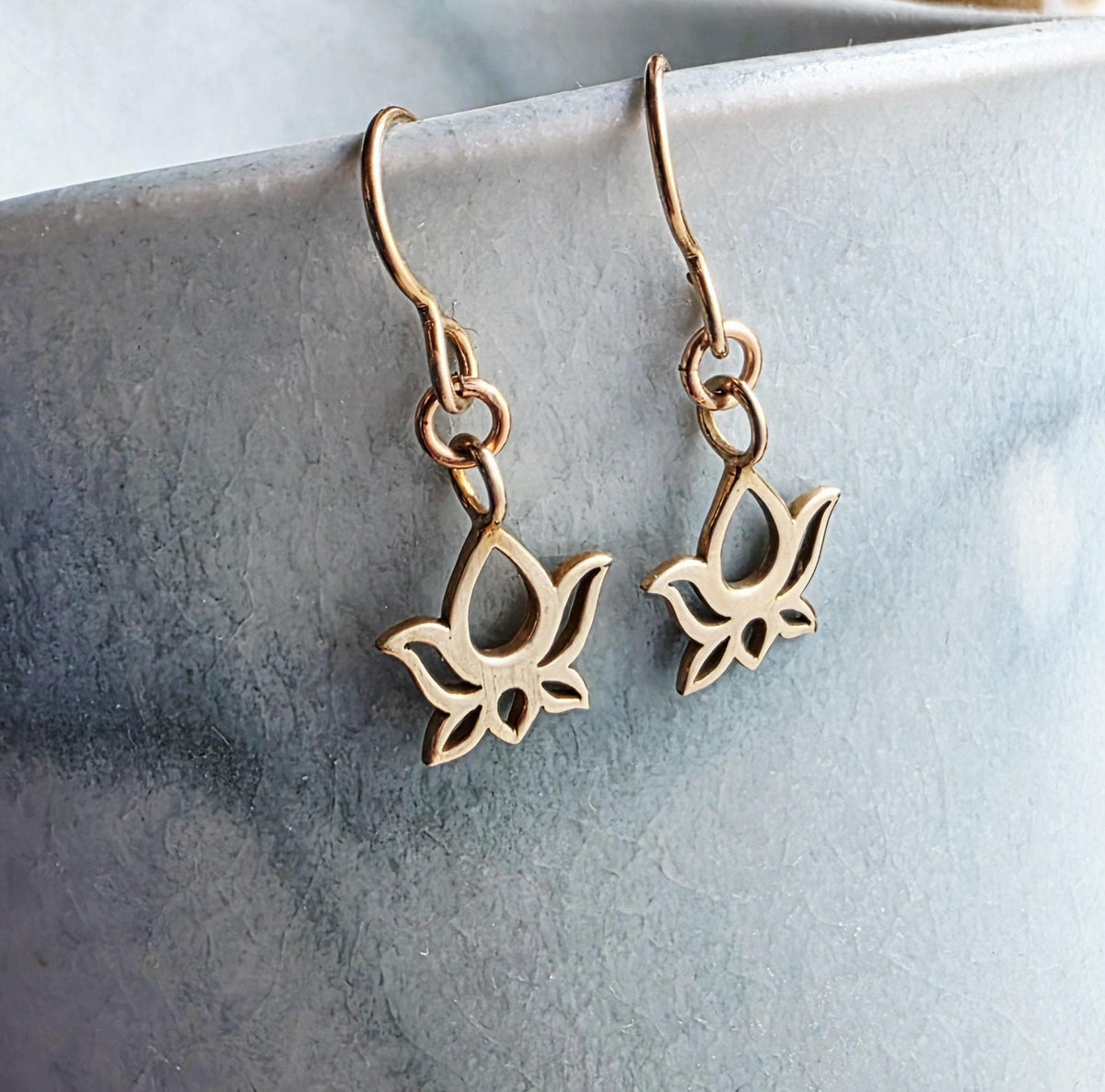 Solid Gold Bronze Lotus Earrings, Gift Boxed, Flower Girl Yoga Gift, Floral Jewelry Handmade in USA, E. Ria Designs, Simple Everyday Jewelry