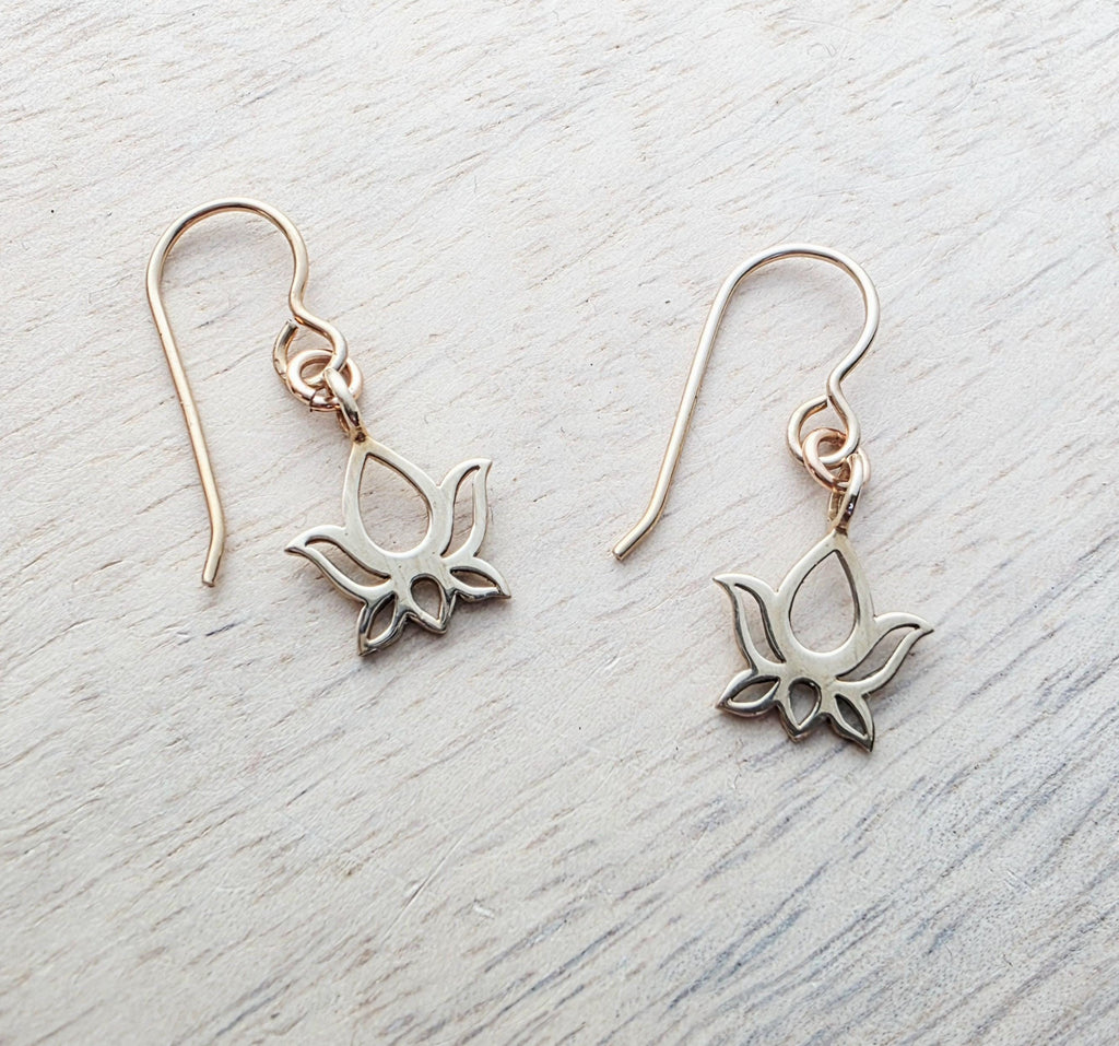 Solid Gold Bronze Lotus Earrings, Gift Boxed, Flower Girl Yoga Gift, Floral Jewelry Handmade in USA, E. Ria Designs, Simple Everyday Jewelry
