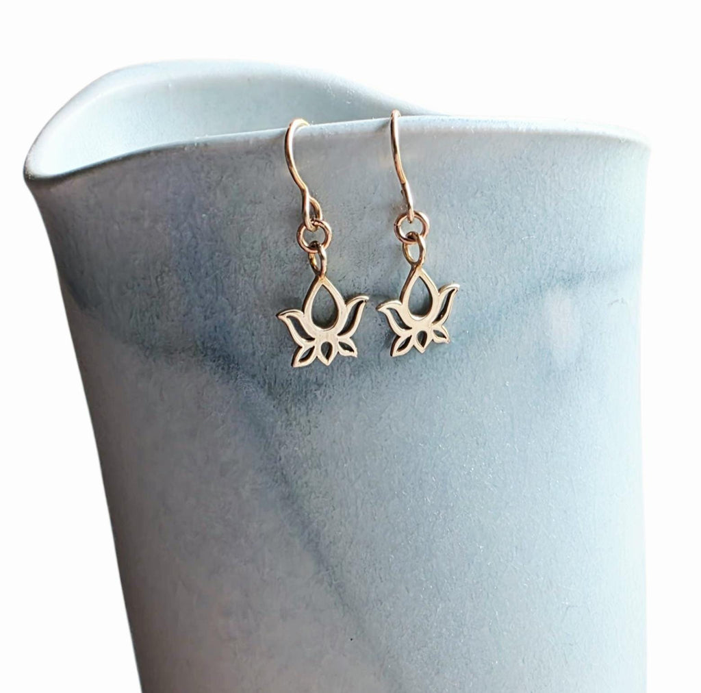 Solid Gold Bronze Lotus Earrings, Gift Boxed, Flower Girl Yoga Gift, Floral Jewelry Handmade in USA, E. Ria Designs, Simple Everyday Jewelry