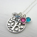 Birthstone Necklace | Family Tree Charm Necklace | Sterling Silver (925) Tree of Life Pendant | Genuine Birthstone Crystals E Ria Designs