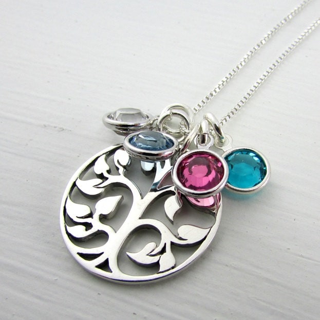 Birthstone Necklace | Family Tree Charm Necklace | Sterling Silver (925) Tree of Life Pendant | Genuine Birthstone Crystals E Ria Designs