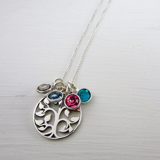 Birthstone Necklace | Family Tree Charm Necklace | Sterling Silver (925) Tree of Life Pendant | Genuine Birthstone Crystals E Ria Designs