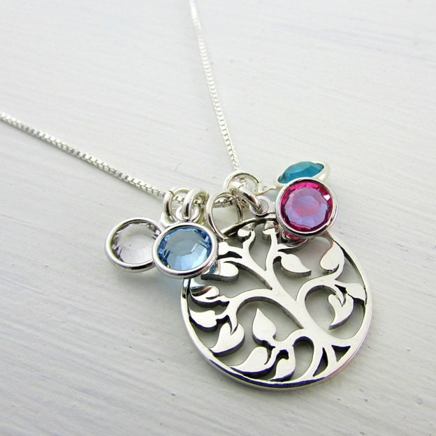 Birthstone Necklace | Family Tree Charm Necklace | Sterling Silver (925) Tree of Life Pendant | Genuine Birthstone Crystals E Ria Designs