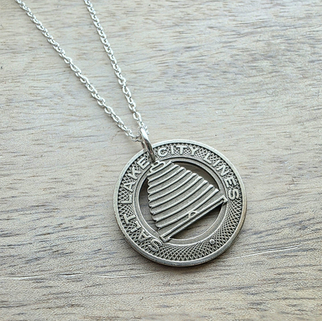Salt Lake City SLC Beehive Bee Skep Transit Token Necklace, Vintage Coin Jewelry, Handcrafted .925 Sterling Silver Chain, Made in USA