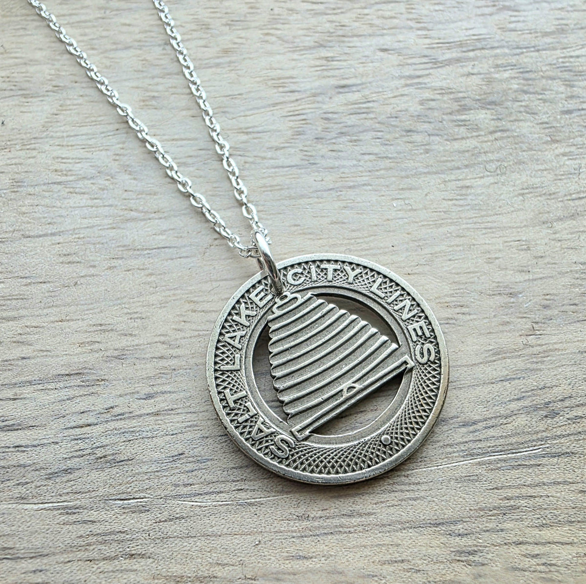 Salt Lake City SLC Beehive Bee Skep Transit Token Necklace, Vintage Coin Jewelry, Handcrafted .925 Sterling Silver Chain, Made in USA