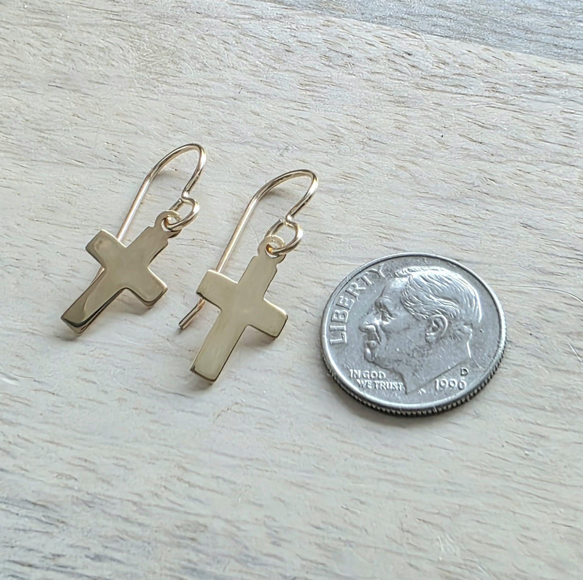 14K Gold Fill Flat Cross Earrings, Christian Gift, French Ear Wires, Shiny Gold, Gift Boxed Baptism Gift, Confirmation Gift, Made in USA