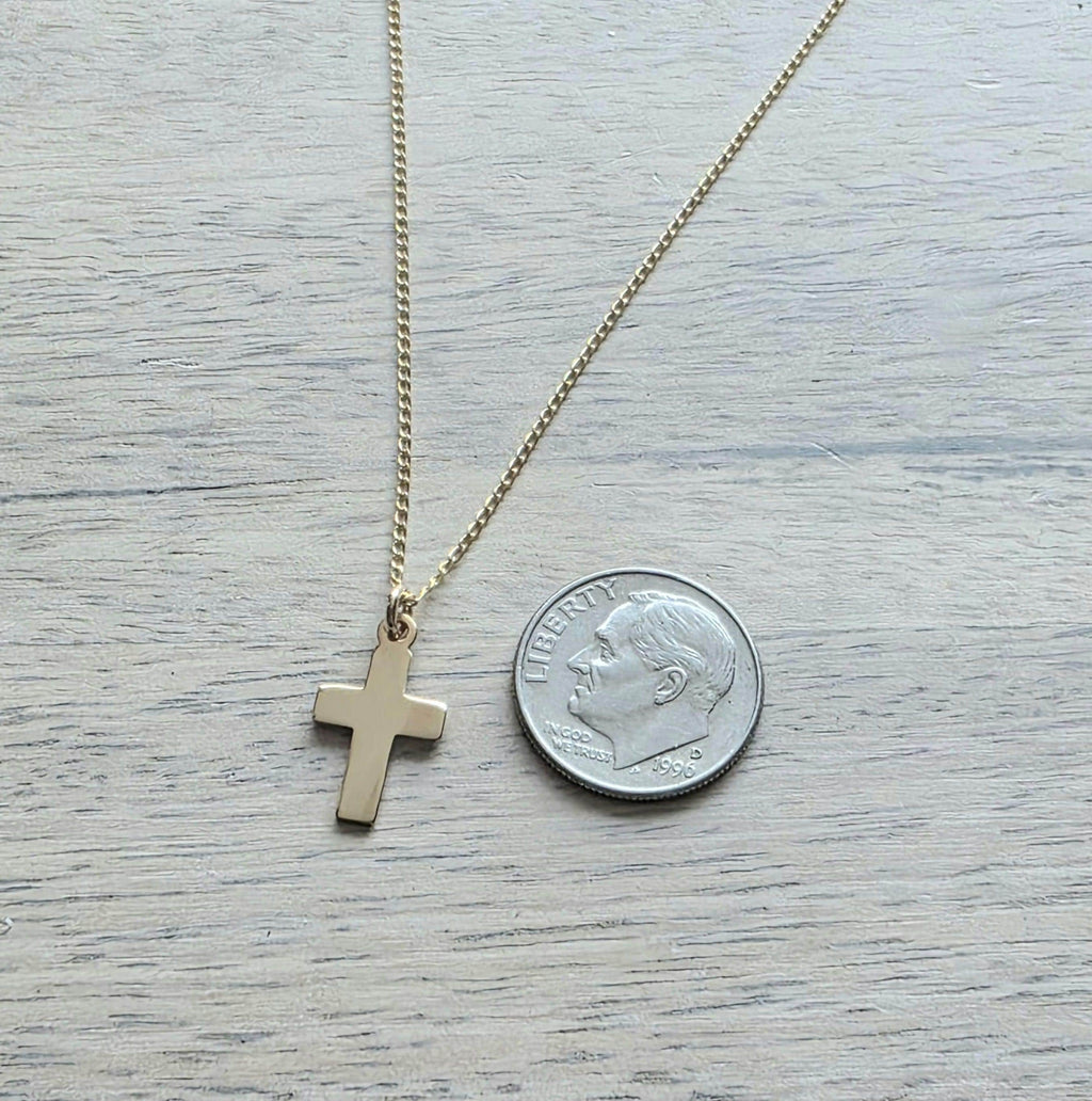 14K Gold Fill Flat Cross Charm Necklace, Christian Gift, Choose Chain, Shiny Gold, Gift Boxed Baptism Gift, Confirmation Gift