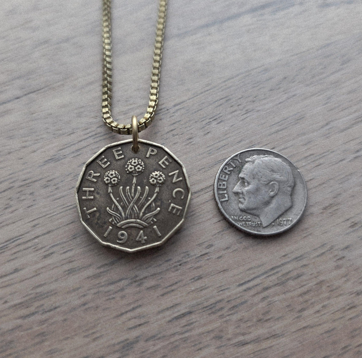 Three Pence Coin Necklace, England Great Britain Flower Coin, Brass Box Chain, Dates Vary, Made in USA, Vintage Coin Jewelry E. Ria Designs