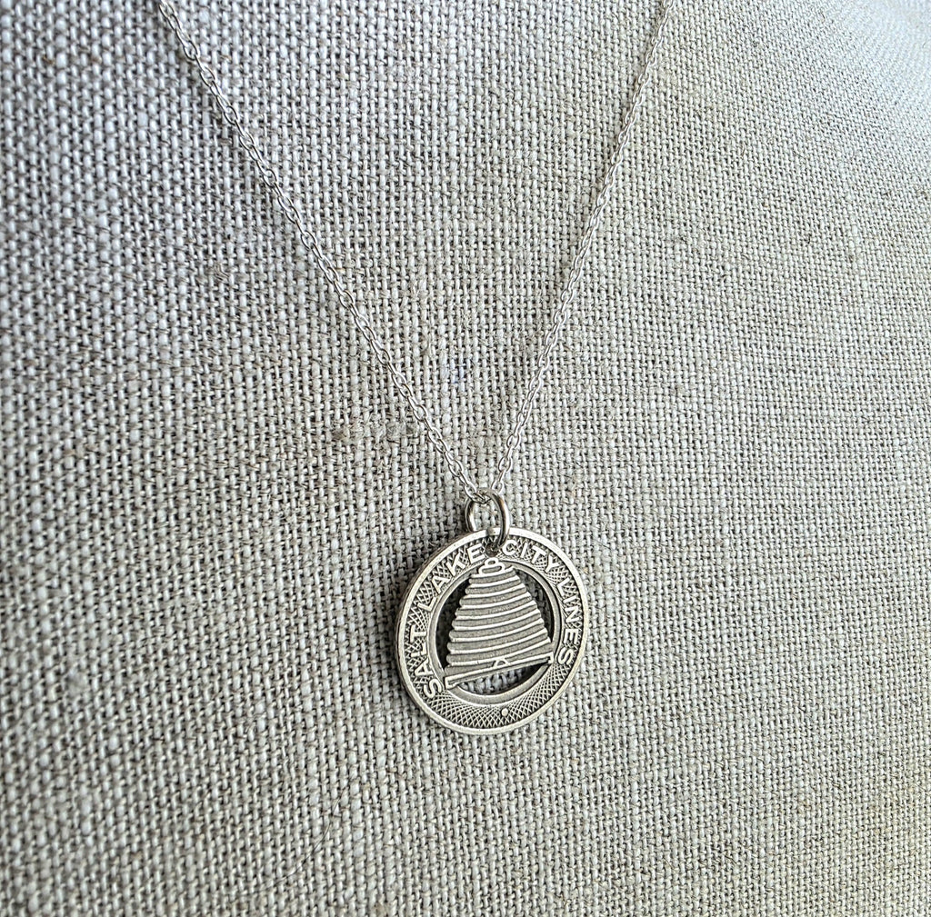 Salt Lake City SLC Beehive Bee Skep Transit Token Necklace, Vintage Coin Jewelry, Handcrafted .925 Sterling Silver Chain, Made in USA