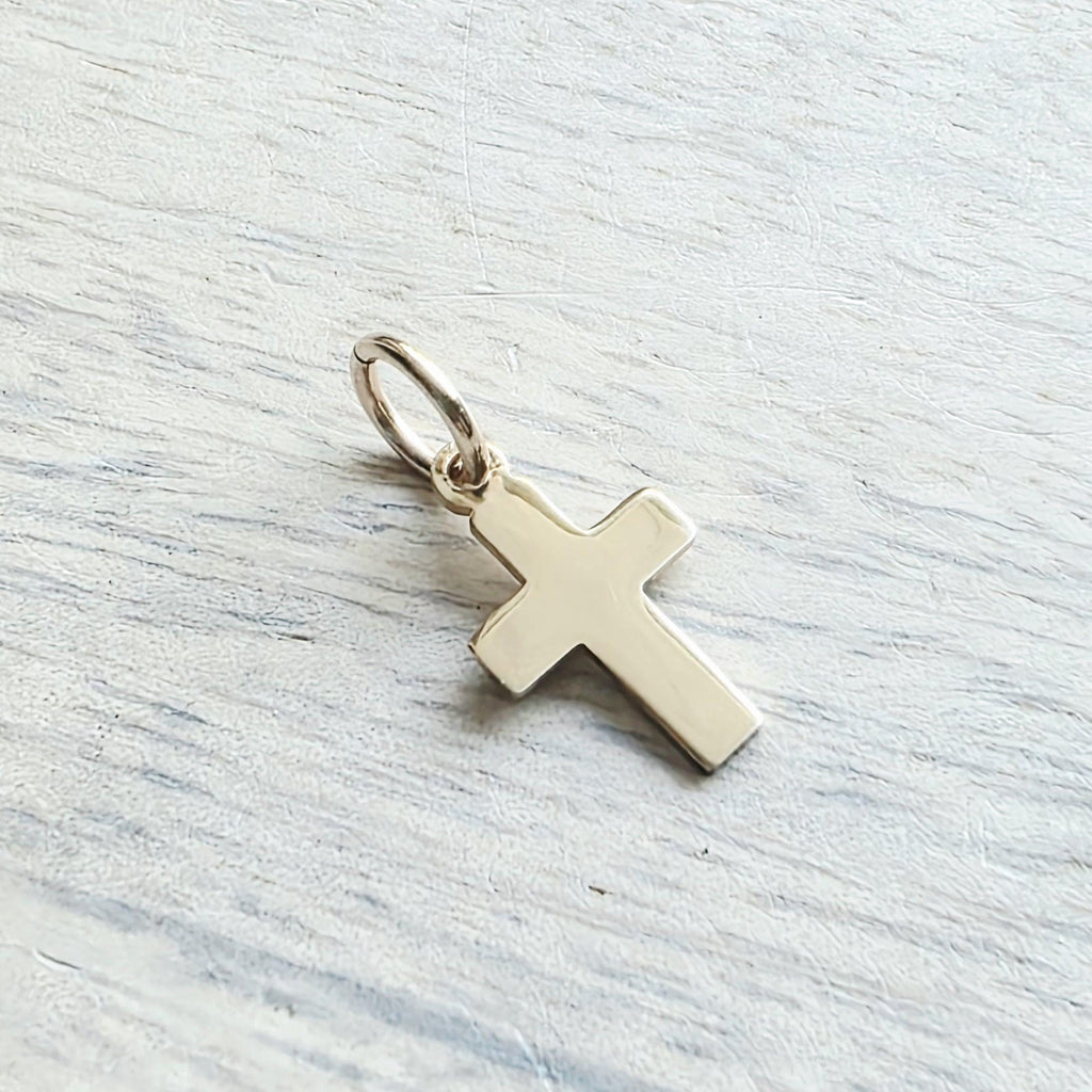14K Gold Fill Flat Cross Charm, Christian Gift, Add to Chain Necklace Charm Bracelet, Shiny Gold, Gift Boxed Baptism Gift, Confirmation Gift