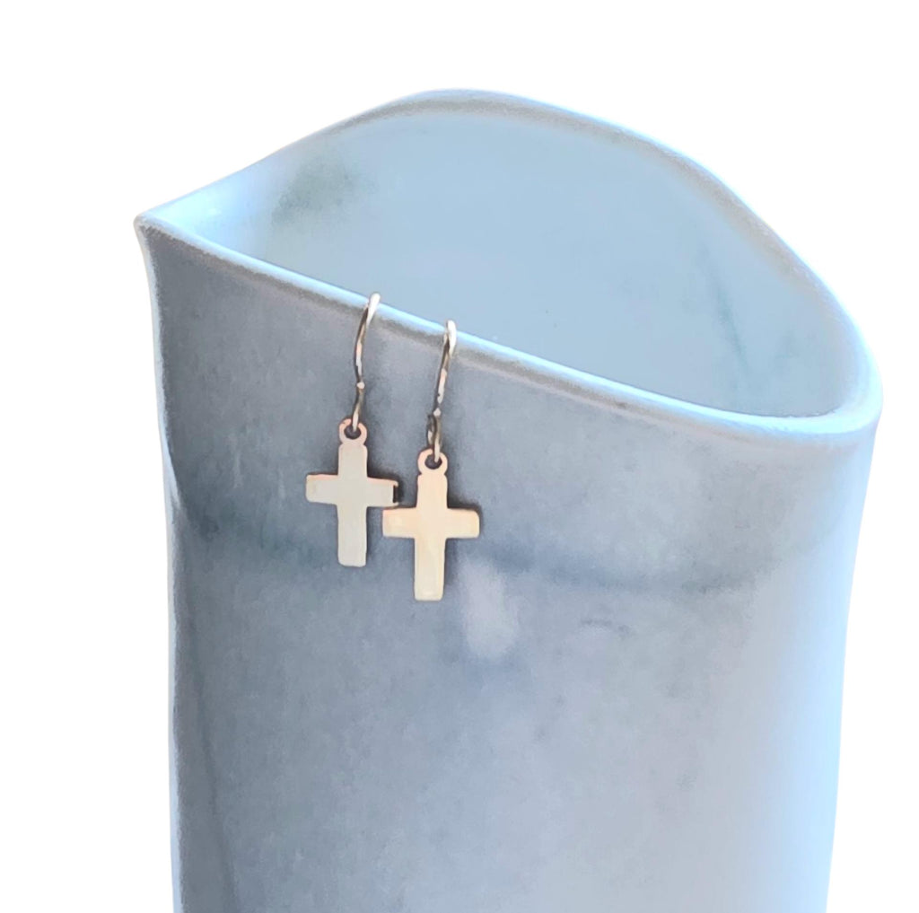 14K Gold Fill Flat Cross Earrings, Christian Gift, French Ear Wires, Shiny Gold, Gift Boxed Baptism Gift, Confirmation Gift, Made in USA