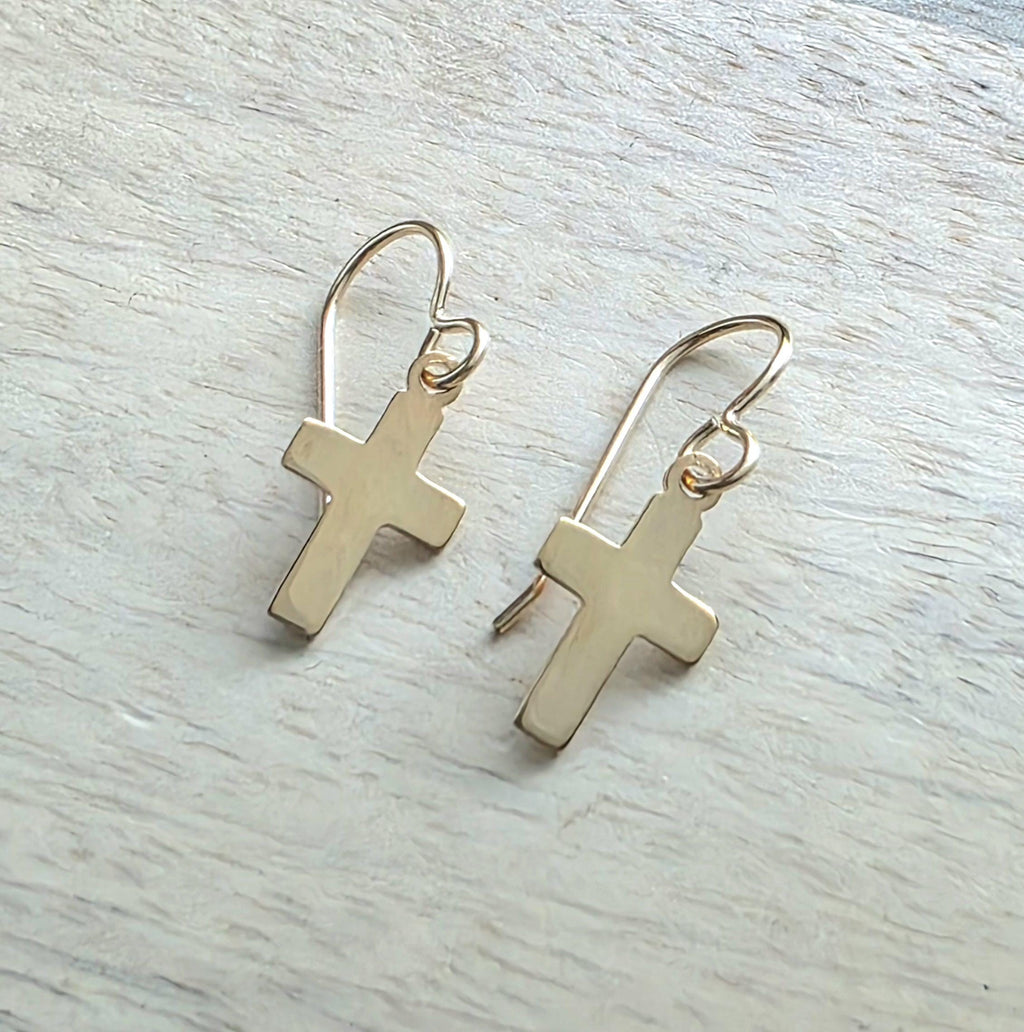 14K Gold Fill Flat Cross Earrings, Christian Gift, French Ear Wires, Shiny Gold, Gift Boxed Baptism Gift, Confirmation Gift, Made in USA