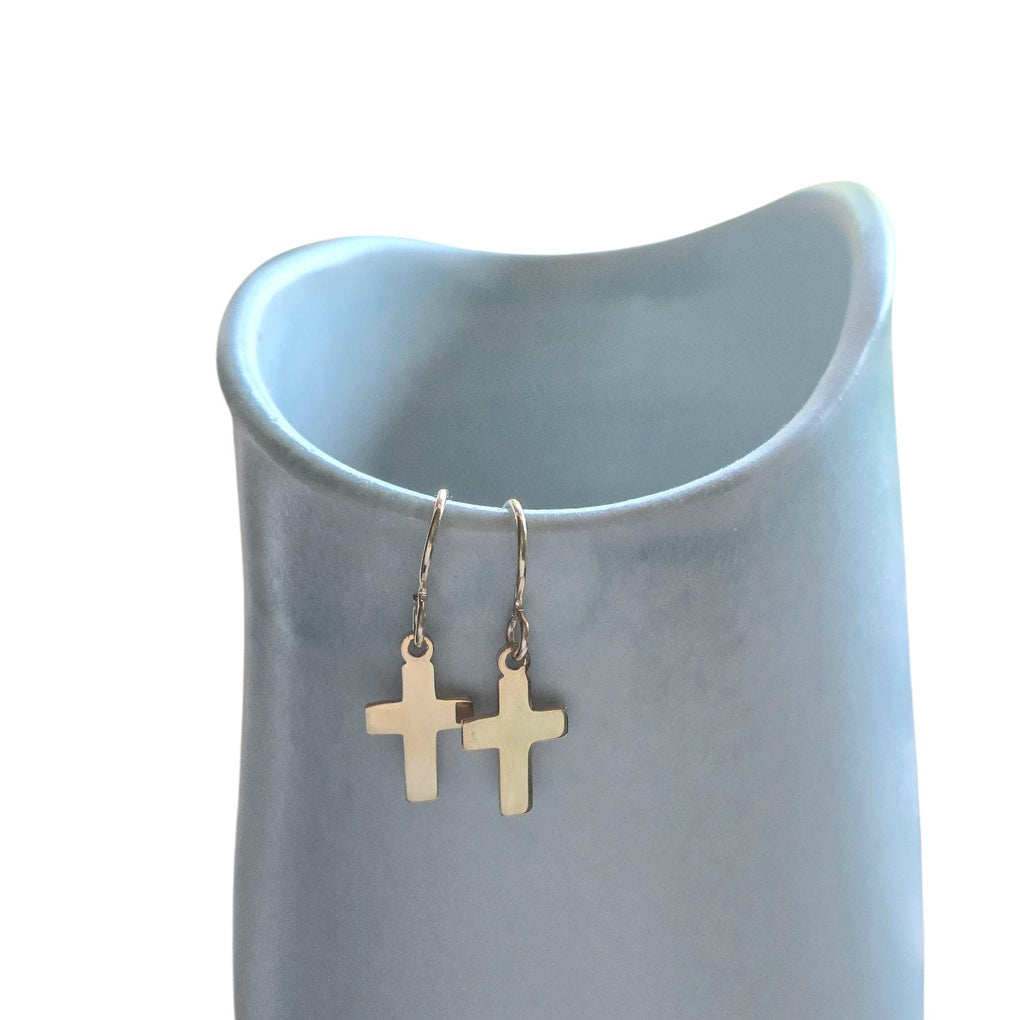 14K Gold Fill Flat Cross Earrings, Christian Gift, French Ear Wires, Shiny Gold, Gift Boxed Baptism Gift, Confirmation Gift, Made in USA