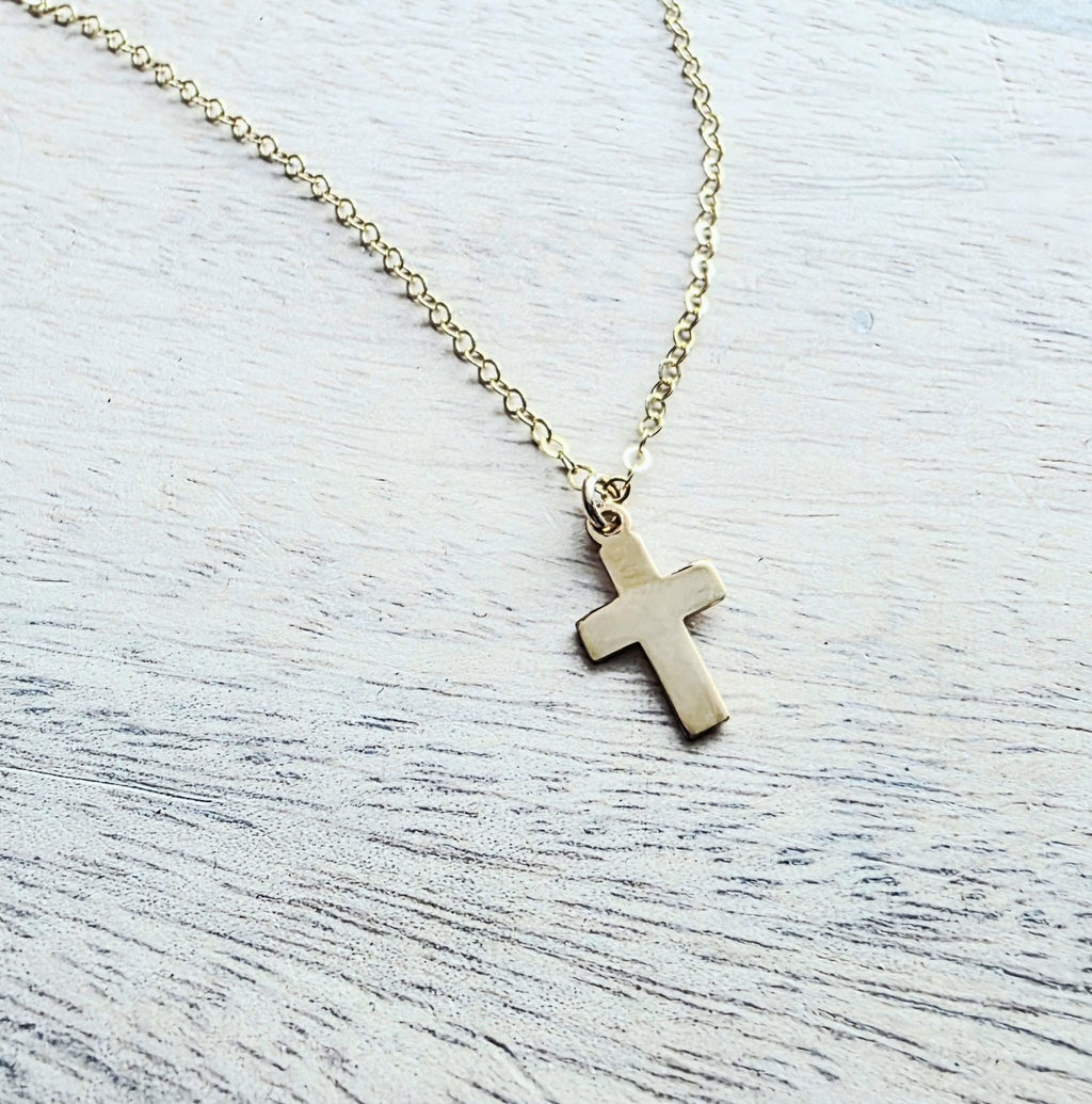 14K Gold Fill Flat Cross Charm Necklace, Christian Gift, Choose Chain, Shiny Gold, Gift Boxed Baptism Gift, Confirmation Gift