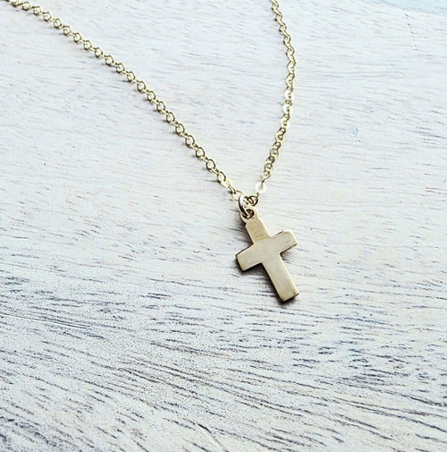 14K Gold Fill Flat Cross Charm Necklace, Christian Gift, Choose Chain, Shiny Gold, Gift Boxed Baptism Gift, Confirmation Gift