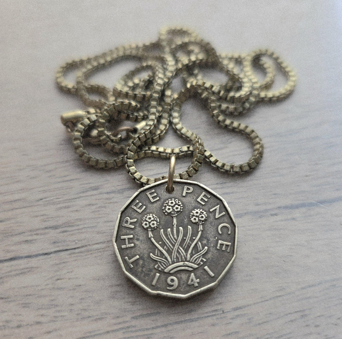 Three Pence Coin Necklace, England Great Britain Flower Coin, Brass Box Chain, Dates Vary, Made in USA, Vintage Coin Jewelry E. Ria Designs