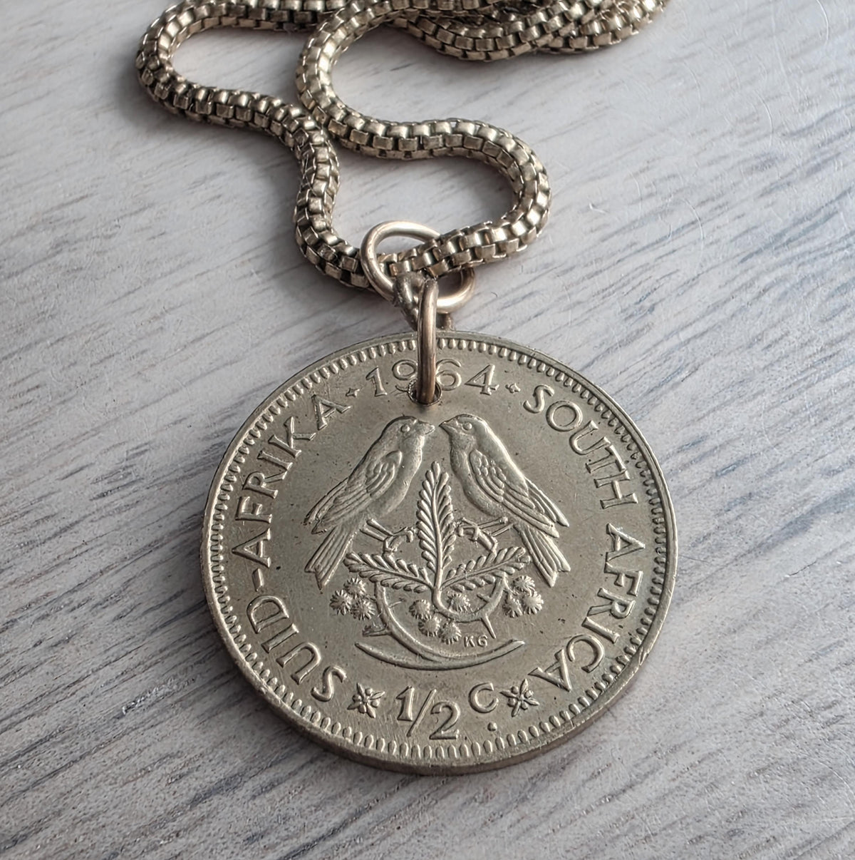 1964 Vintage Coin Necklace, South Africa 1/2 Cent, Bird Pendant, Brass Box Chain, Gift Boxed, Made in USA, Bird Lover Gift, Handmade Jewelry