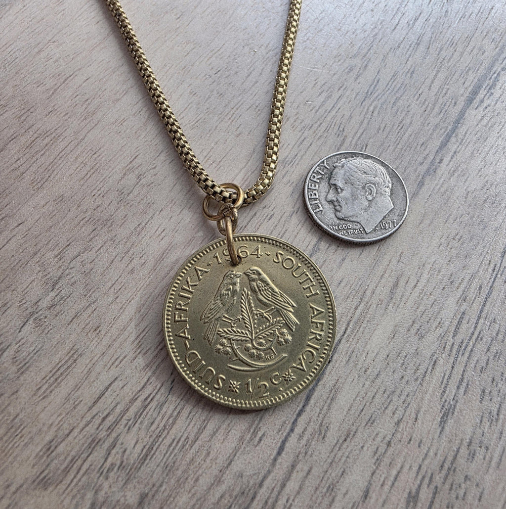 1964 Vintage Coin Necklace, South Africa 1/2 Cent, Bird Pendant, Brass Box Chain, Gift Boxed, Made in USA, Bird Lover Gift, Handmade Jewelry