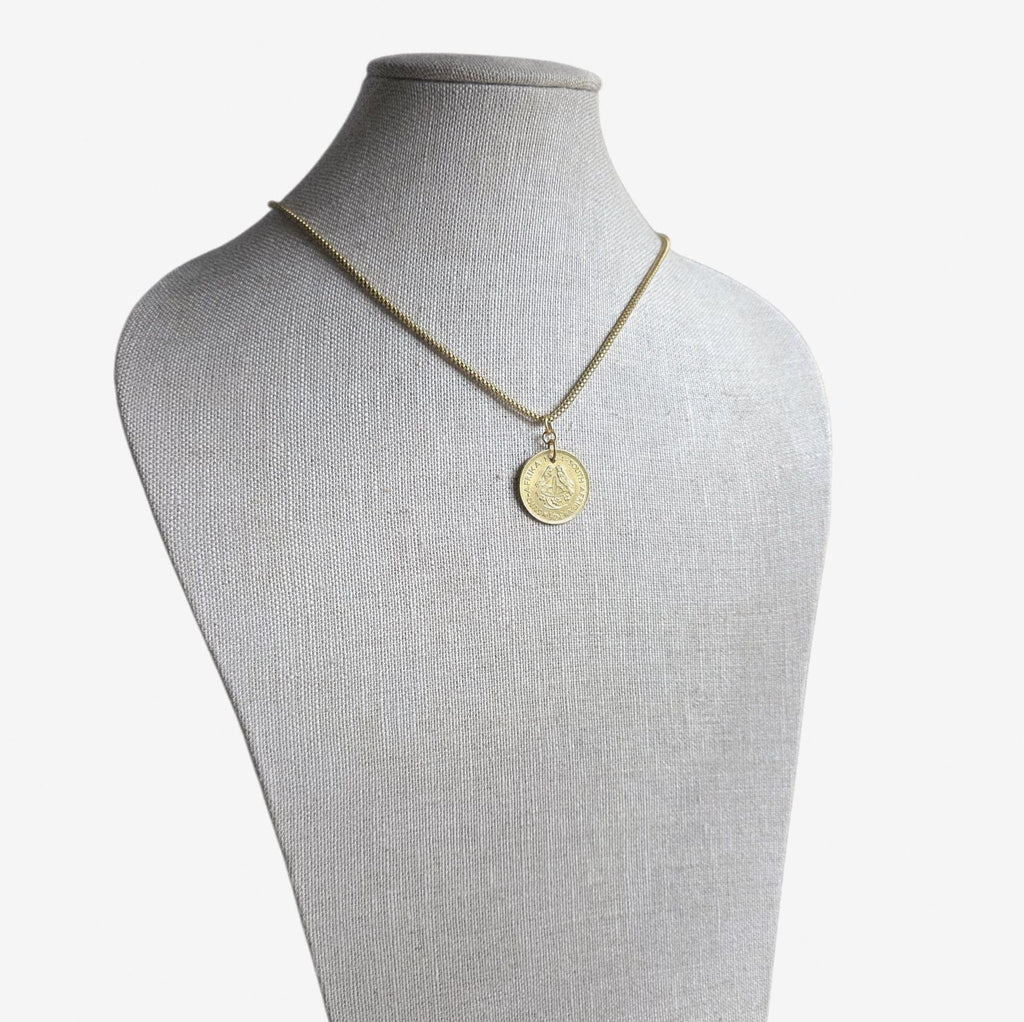 1964 Vintage Coin Necklace, South Africa 1/2 Cent, Bird Pendant, Brass Box Chain, Gift Boxed, Made in USA, Bird Lover Gift, Handmade Jewelry