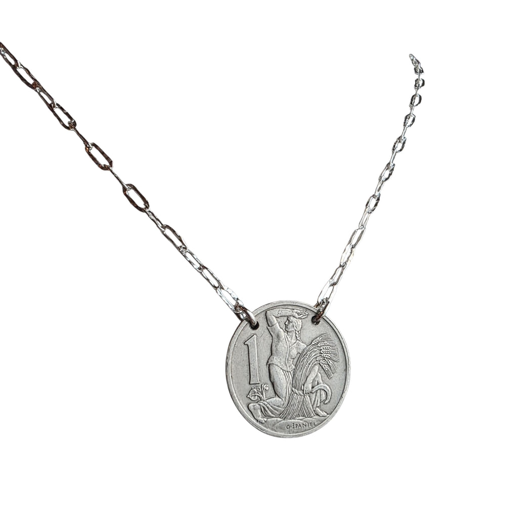 1922 Czechoslovakia 1 Koruna Antique Coin Necklace, 925 Sterling Silver Paperclip Cable Chain, Woman Farmer Gardener Jewelry, Gift Box, USA