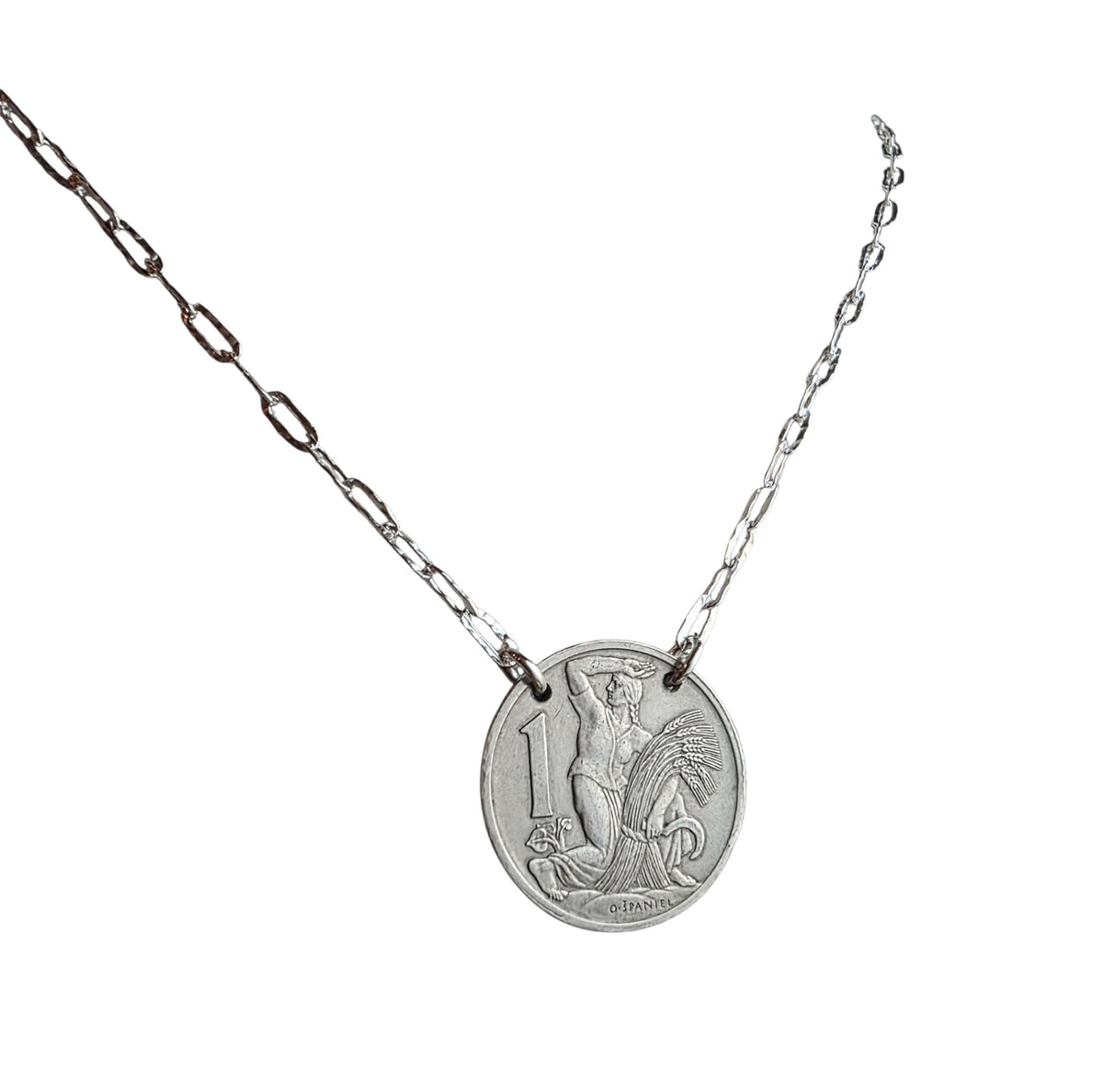 1922 Czechoslovakia 1 Koruna Antique Coin Necklace, 925 Sterling Silver Paperclip Cable Chain, Woman Farmer Gardener Jewelry, Gift Box, USA