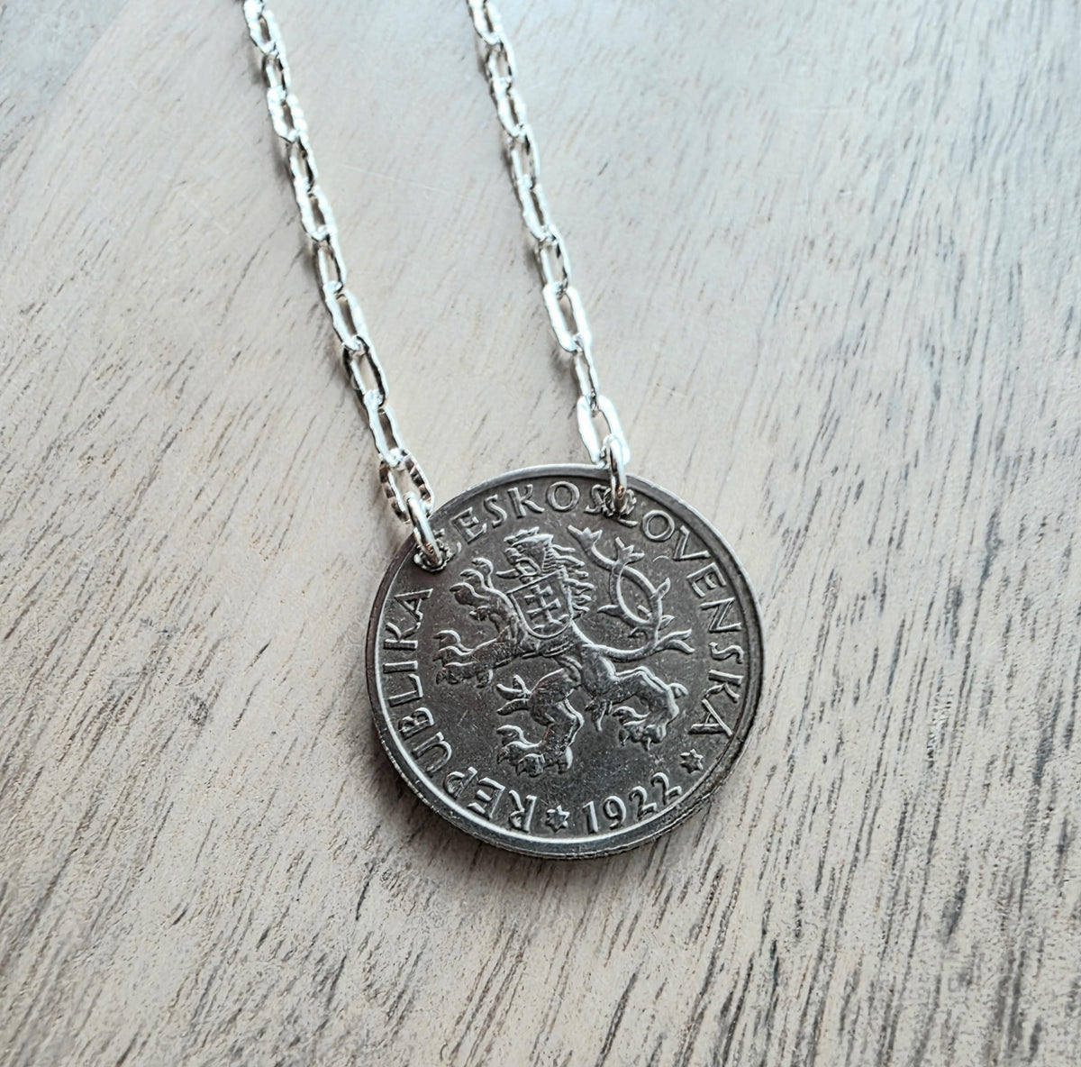 1922 Czechoslovakia 1 Koruna Antique Coin Necklace, 925 Sterling Silver Paperclip Cable Chain, Woman Farmer Gardener Jewelry, Gift Box, USA