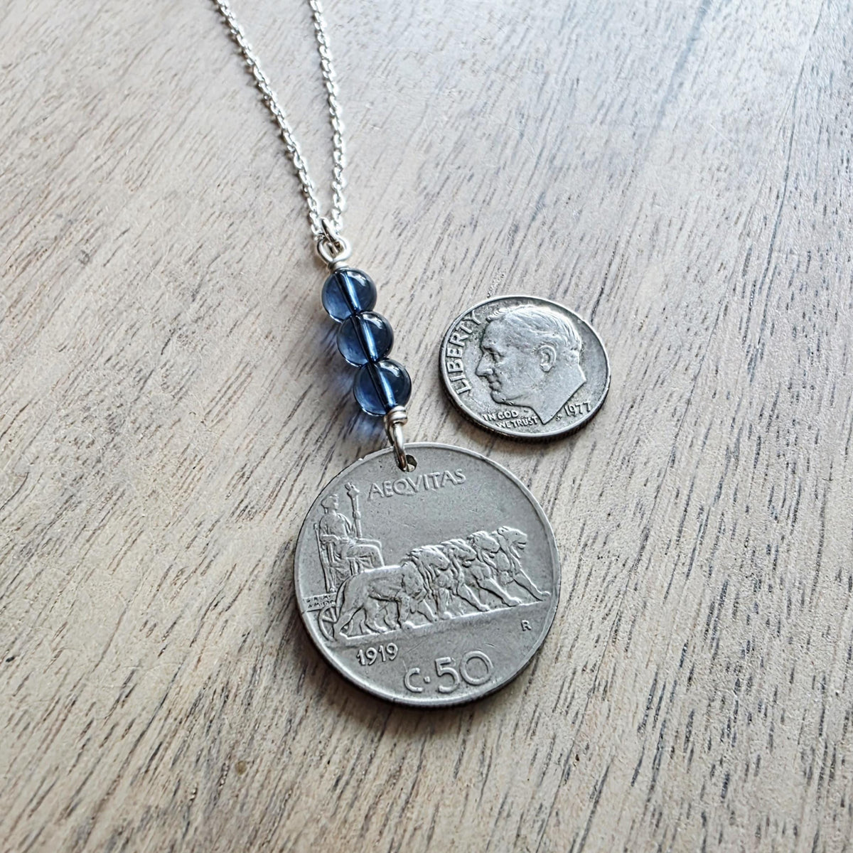 1919 Antique Italy 50 Centesimi Old Coin Necklace, Blue Austrian Crystal Bead, 925 Sterling Silver Paperclip Chain, Gift Box, Made in USA