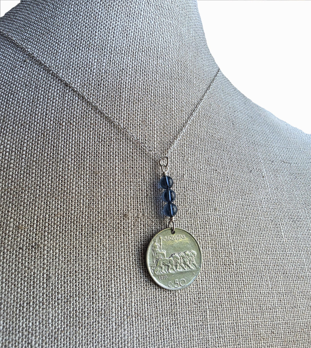 1919 Antique Italy 50 Centesimi Old Coin Necklace, Blue Austrian Crystal Bead, 925 Sterling Silver Paperclip Chain, Gift Box, Made in USA
