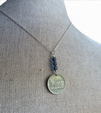 1919 Antique Italy 50 Centesimi Old Coin Necklace, Blue Austrian Crystal Bead, 925 Sterling Silver Paperclip Chain, Gift Box, Made in USA