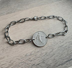 Vintage French Coin Bracelet, 1/2 Franc, Francaise Gift,  The Sower, Stainless Steel Drawn Cable Chain Links Made in USA E. Ria Designs