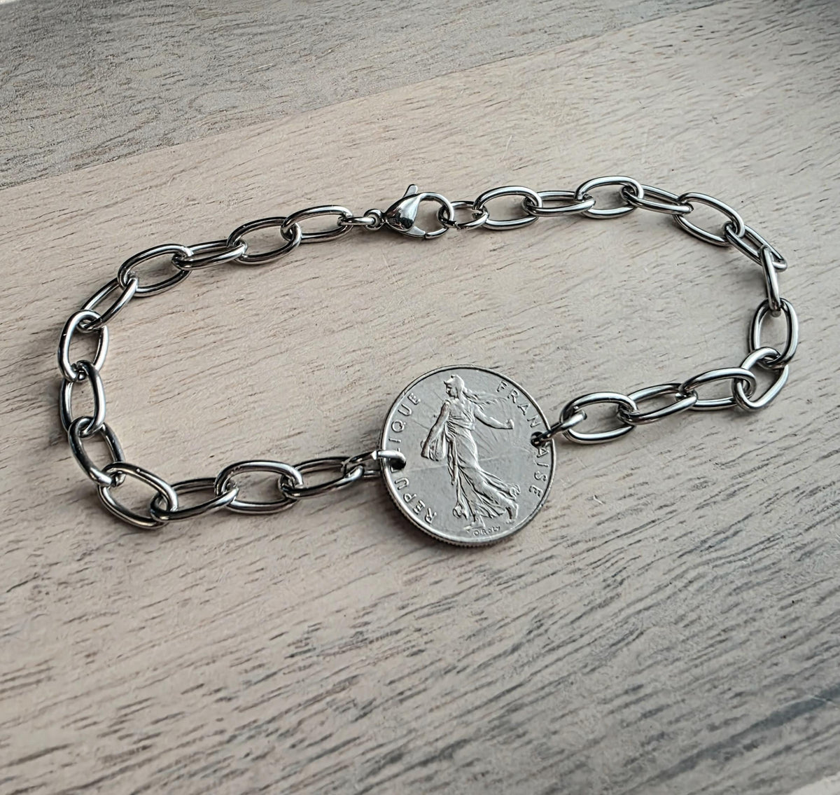 Vintage French Coin Bracelet, 1/2 Franc, Francaise Gift,  The Sower, Stainless Steel Drawn Cable Chain Links Made in USA E. Ria Designs