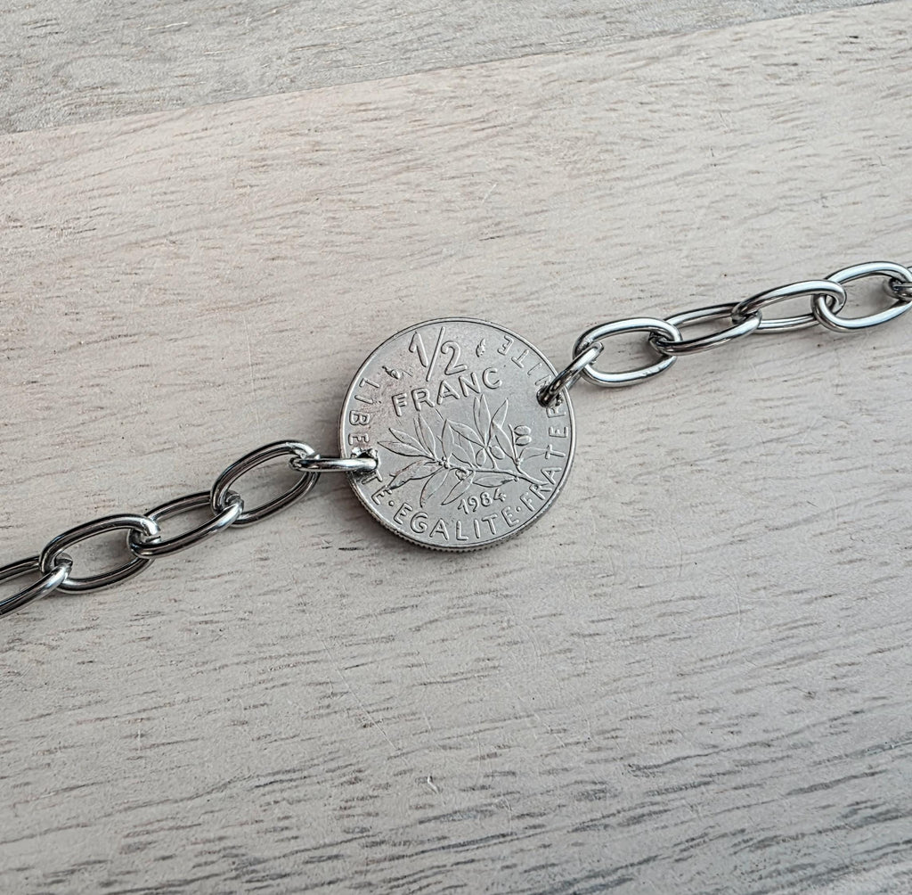 Vintage French Coin Bracelet, 1/2 Franc, Francaise Gift,  The Sower, Stainless Steel Drawn Cable Chain Links Made in USA E. Ria Designs