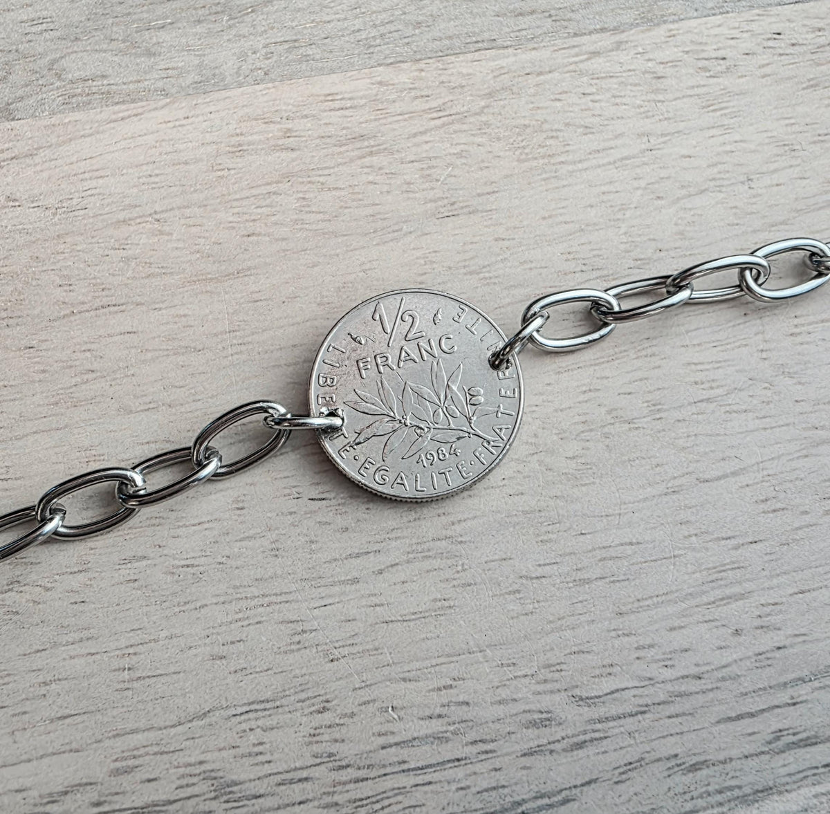 Vintage French Coin Bracelet, 1/2 Franc, Francaise Gift,  The Sower, Stainless Steel Drawn Cable Chain Links Made in USA E. Ria Designs
