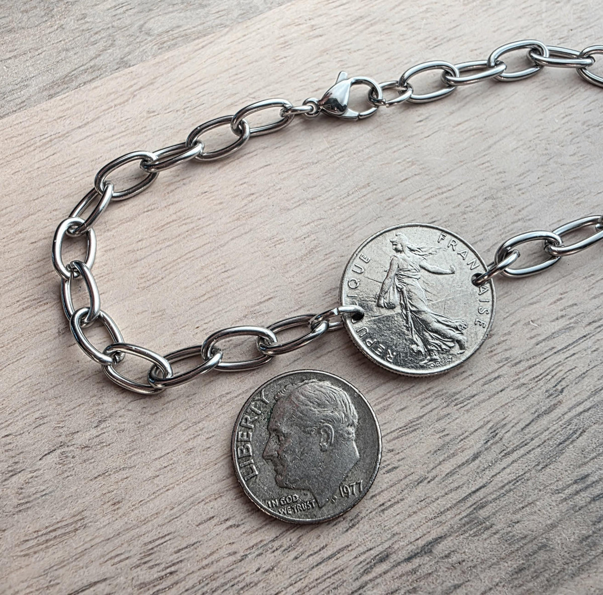Vintage French Coin Bracelet, 1/2 Franc, Francaise Gift,  The Sower, Stainless Steel Drawn Cable Chain Links Made in USA E. Ria Designs