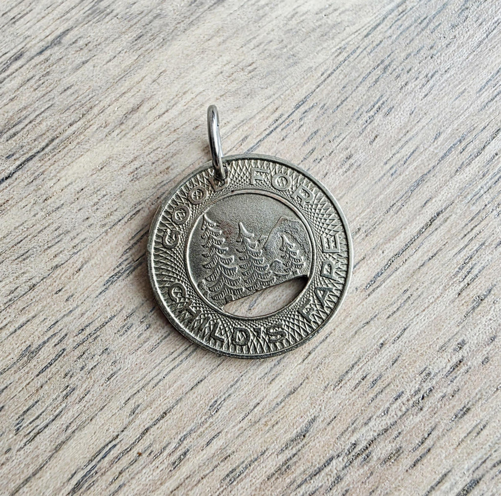 Seattle Transit Bus Token Charm, Pendant, Evergreens, Mountain Scene, Good for Child's Fare, Hang on Necklace or Bracelet, Gift Boxed, USA
